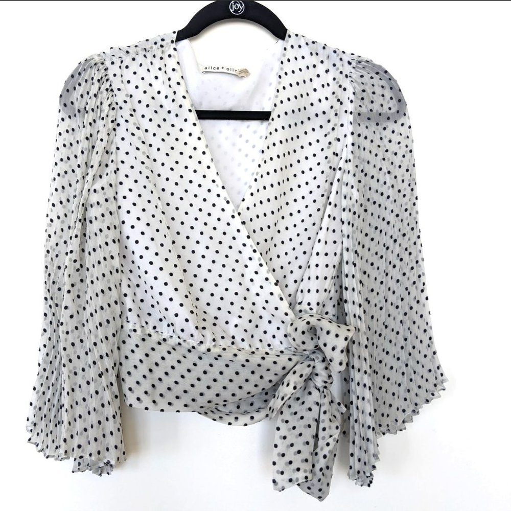 Alice and Olivia Bray pleated polka-dot chiffon wrap top
